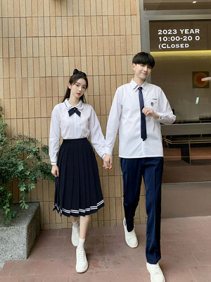 中长款百褶裙长袖衬衫学院风套装