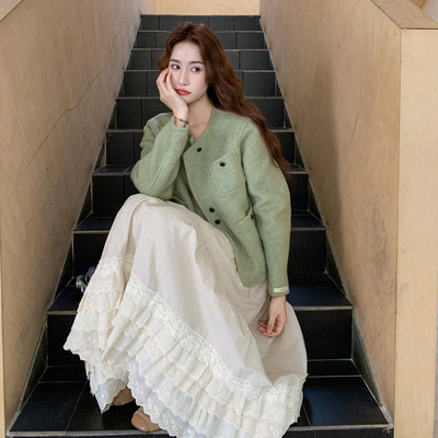 小香风绿色毛呢双面外套女小个子气质高级感超好看的短款呢子大衣
