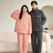 家居服可外穿套装 冬季 情侣加厚珊瑚绒睡衣三层夹棉袄男女同款 Y210