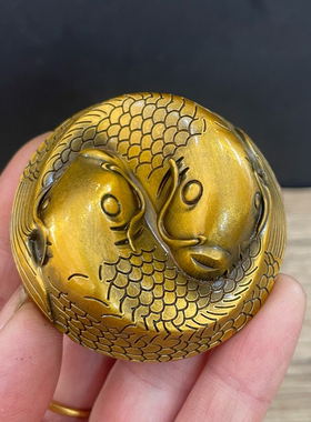 古玩铜器收藏纯铜鎏金双鱼茶宠茶玩摆件茶道小摆件