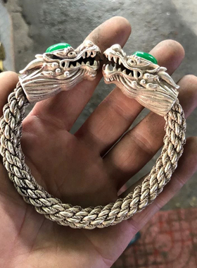 古玩古董老物件收藏大清乾隆年制龙头手镯绿宝石手镯包邮