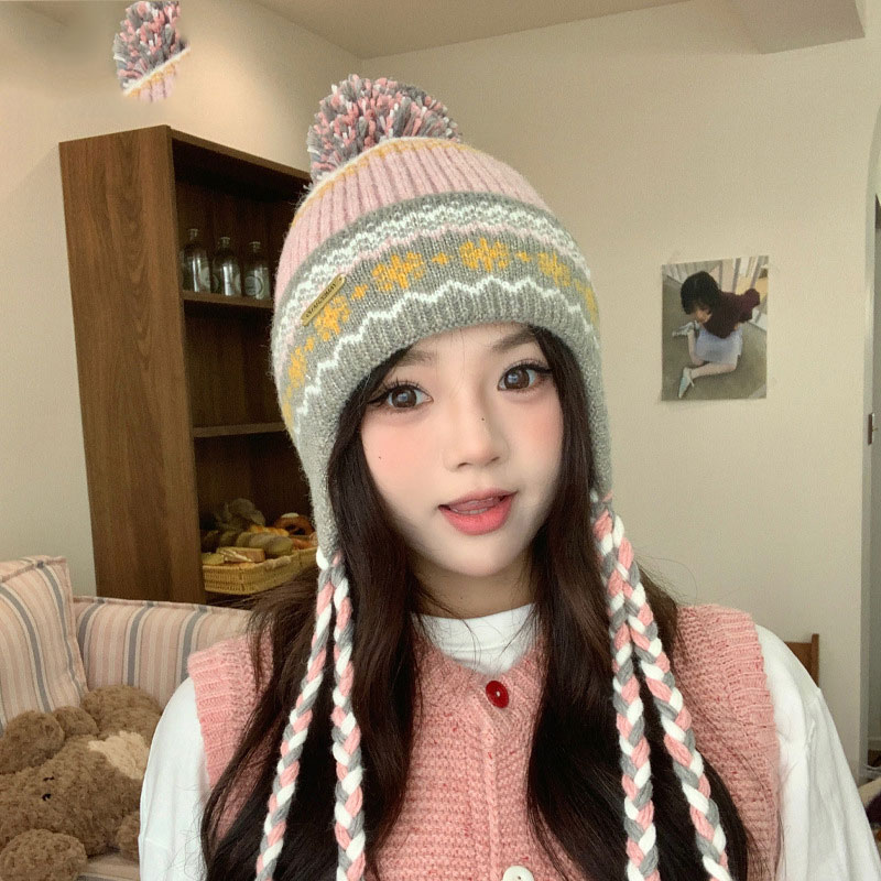 韩版时尚针织帽子女冬季户外加绒保暖护耳包头帽甜美可爱hat lady