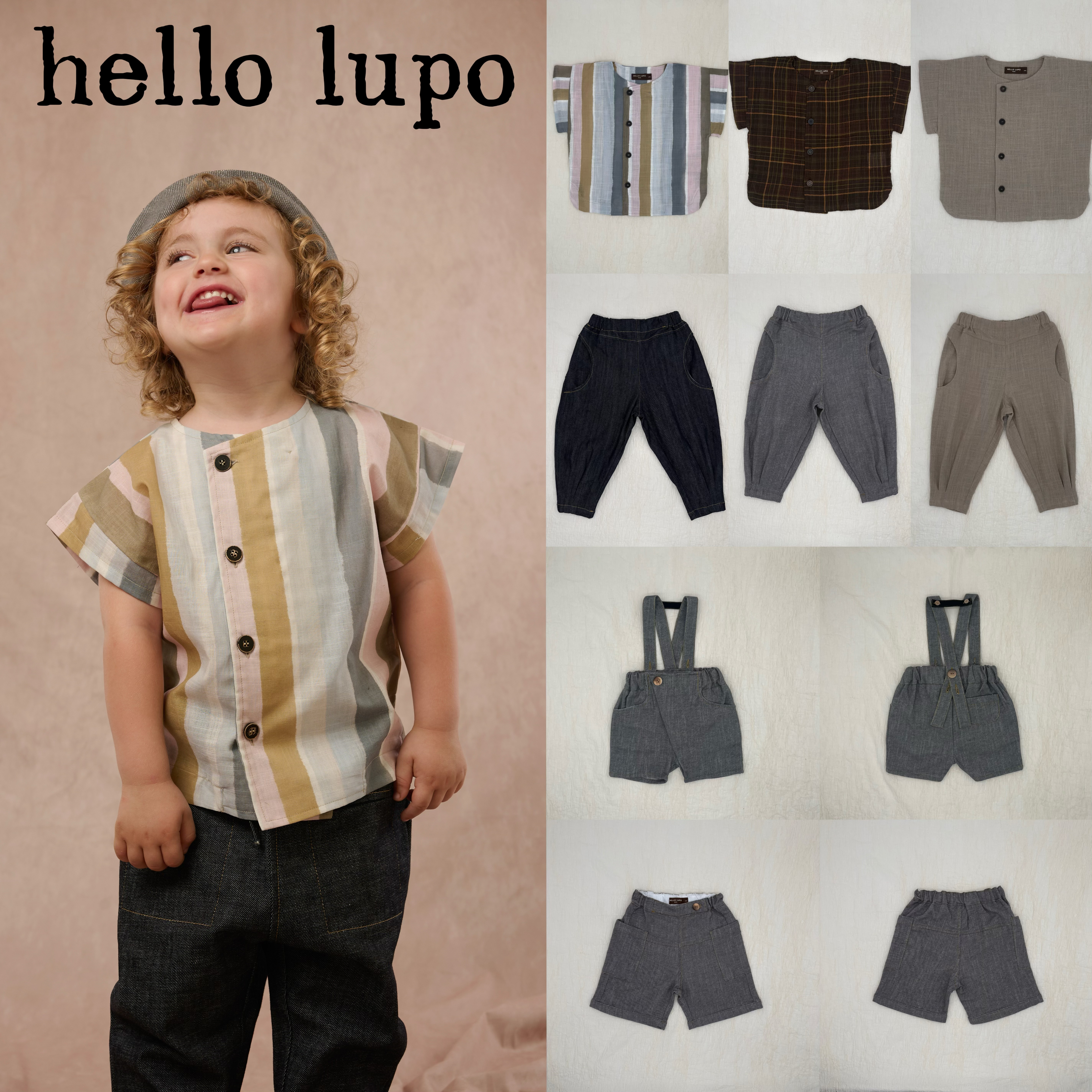 七折hello lupo26ss新款男童衬衫背带裤休闲裤中性条纹上衣短裤
