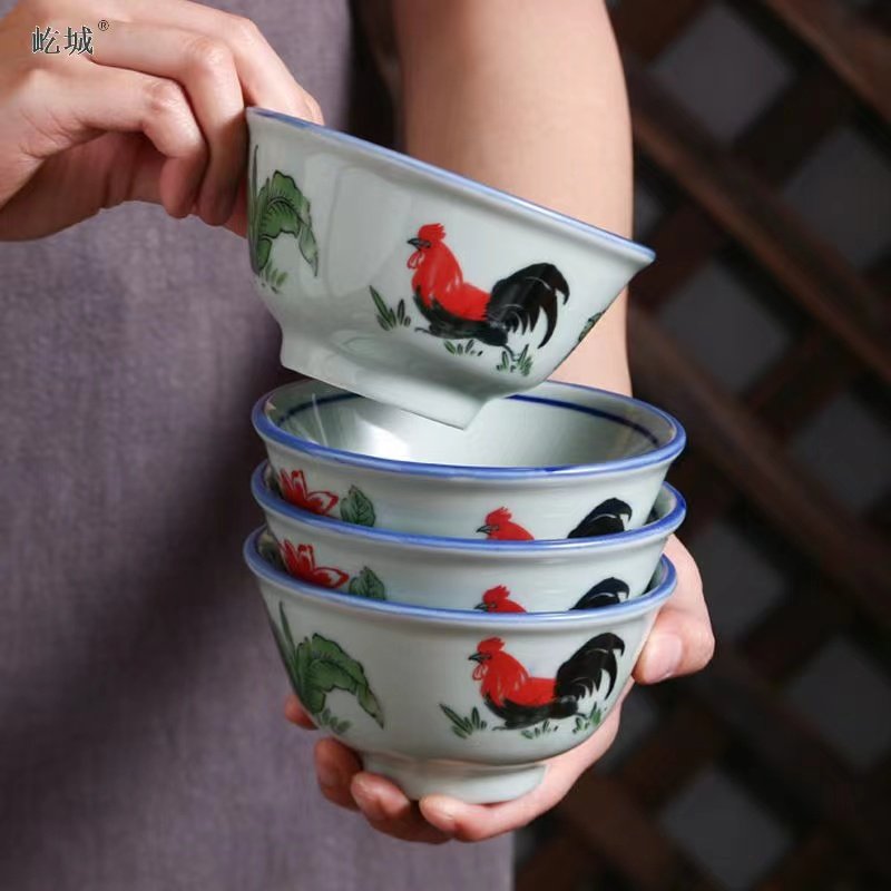 公鸡碗老式复古怀旧古瓷碗陶瓷吃饭碗高脚餐具家用餐具餐厅面碗