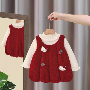 洋气生日背心儿童连衣裙子秋冬季 女童套装 女宝宝周岁礼服2025新款