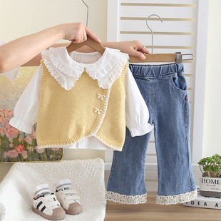 女童洋气时髦毛衣马甲衬衫三件套装宝宝秋装婴儿童春秋潮童装韩版