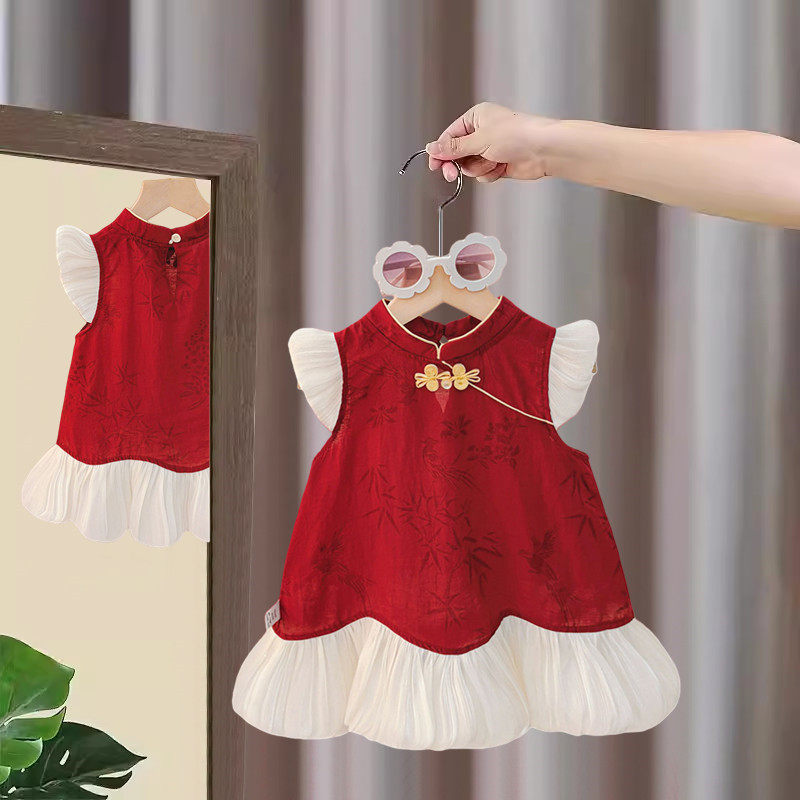 婴儿连衣裙周岁礼服抓周国风红色中式生日旗袍女宝宝公主纱裙夏季