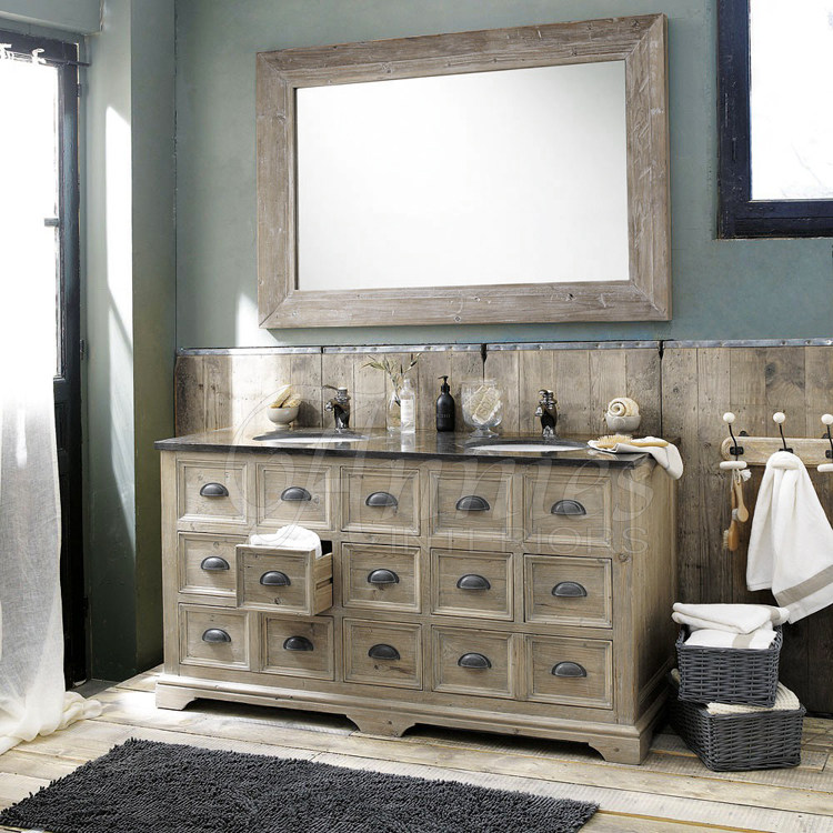 法式乡村塔恩装饰性十五抽双盆实木浴柜