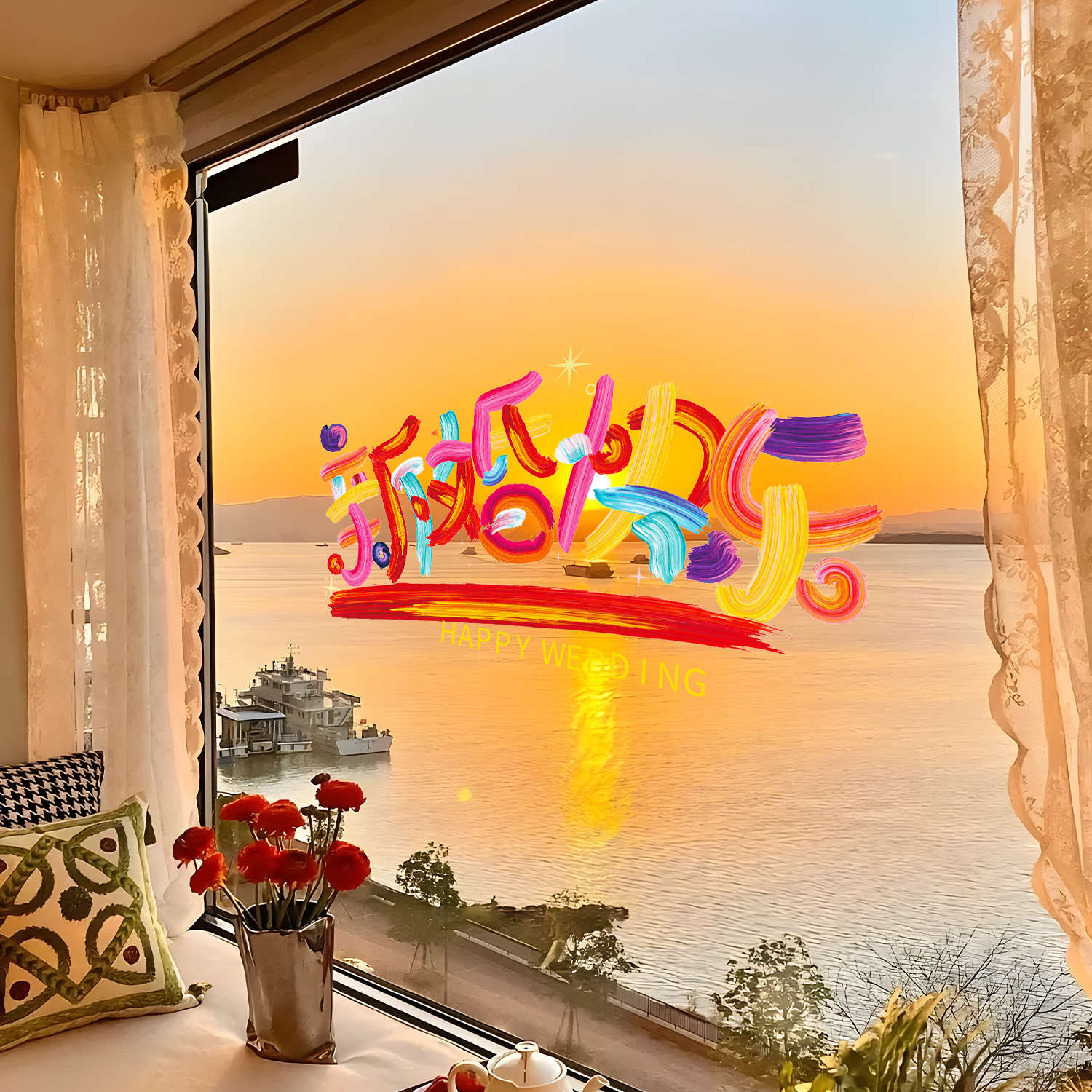 结婚专用喜字静电贴玻璃贴窗户婚房装饰门贴彩色囍字婚礼婚车贴纸