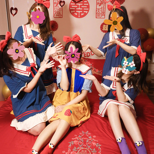 接亲道具新娘伴娘白雪公主睡裙晨袍纯棉可爱搞怪夏蝴蝶结红色发箍