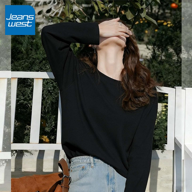 KV真维斯薄绒长袖t恤女2025新款秋冬季黑色百搭休闲加绒内搭上