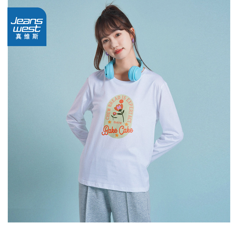 印花长袖T恤宽松休闲纯棉女上衣