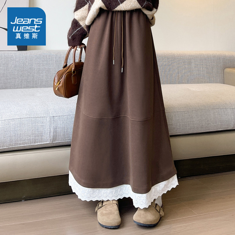 LR真维斯半身裙2026新款春夏韩版纯色系带抽绳中长款蕾丝a字长