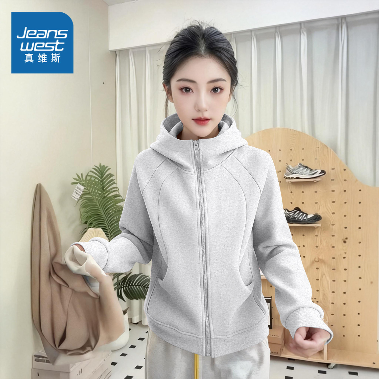 NOB真维斯灰色修身连帽卫衣开衫女装春秋款正肩收腰设计感短外套,女装/女士精品,短外套,淘宝优惠券,粉丝福利购,淘宝优惠卷