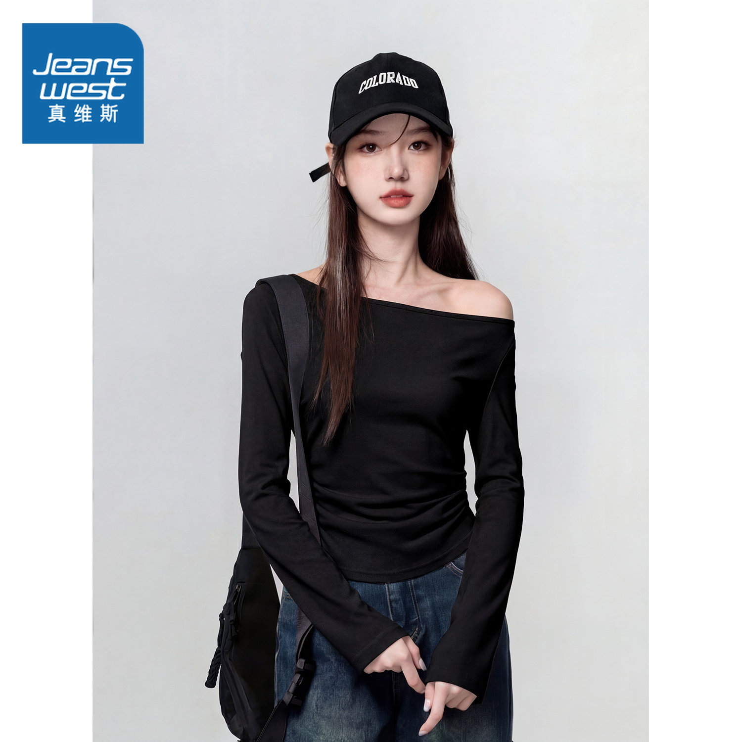 NOW真维斯斜肩露肩长袖t恤女2026新款春秋季小众设计感打底衫