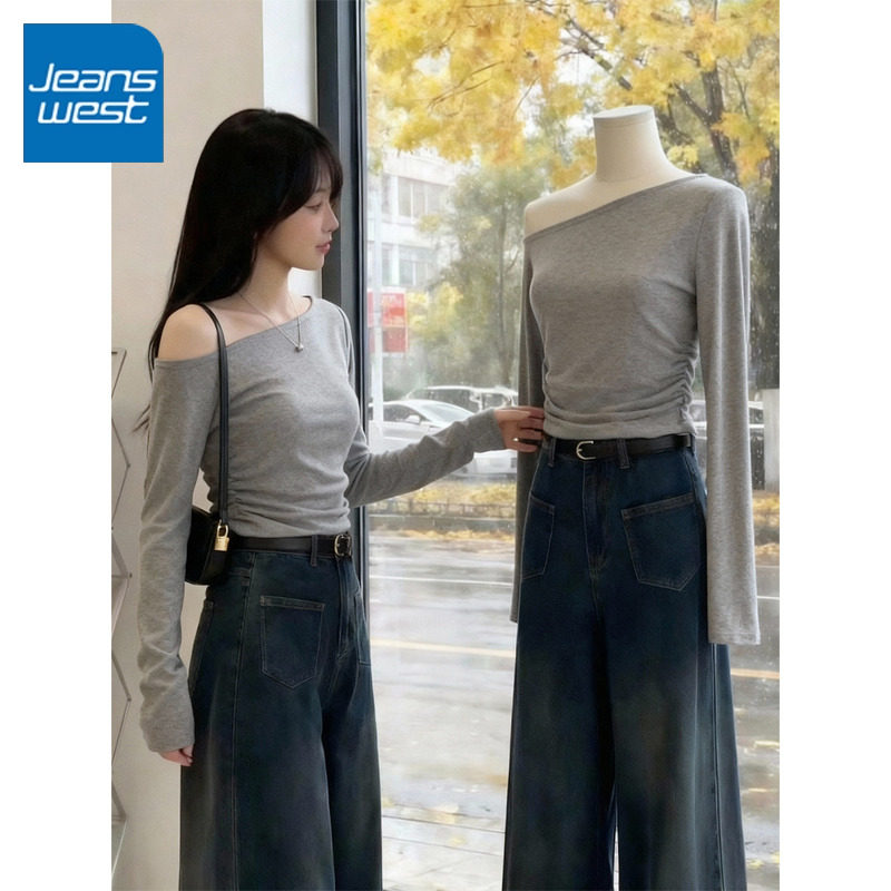 KYV真维斯一字肩长袖t恤女春秋季2026新款修身打底衫内搭露肩