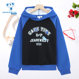 童装 JJ真维斯男童撞色拼袖 新款 卫衣冬季 印花连帽套头上衣 长袖