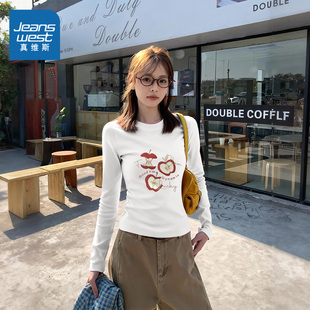 春秋马年宽松纯棉内搭上衣打底衫 KMV真维斯圆领长袖 t恤女2026新款