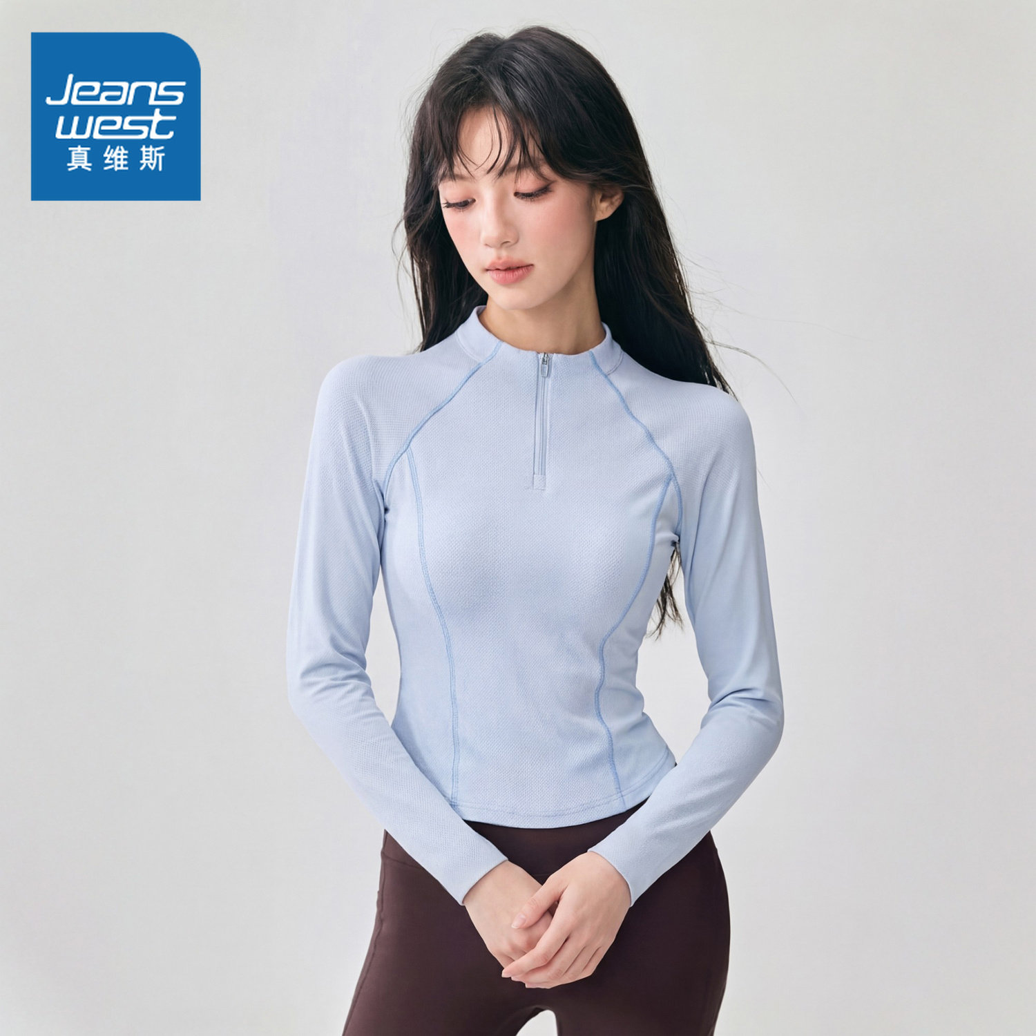 NOB真维斯蓝色速干修身长袖t恤女2026新款运动健身半拉链短款上衣,女装/女士精品,T恤,淘宝优惠券,粉丝福利购,淘宝优惠卷