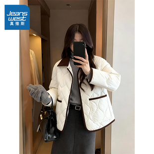 NOW真维斯小香风撞色棉服女2025新款 翻领轻薄保暖夹棉袄外套 冬季