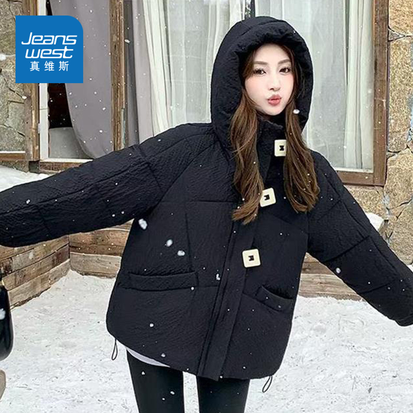 GL真维斯黑色短款棉服女2025冬季新款韩版连帽宽松牛角扣面包服