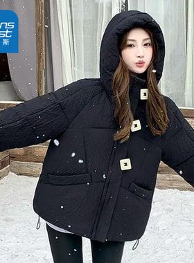 GL真维斯黑色短款棉服女2025冬季新款韩版连帽宽松牛角扣面包服女