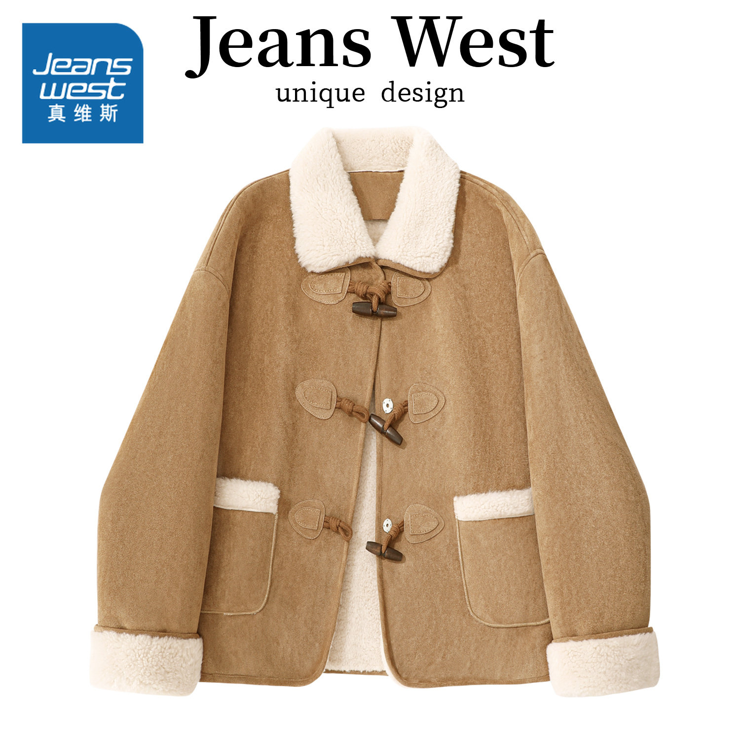 JR真维斯女装复古学院风牛角扣大衣2025年冬季新品麂皮羊羔绒外套