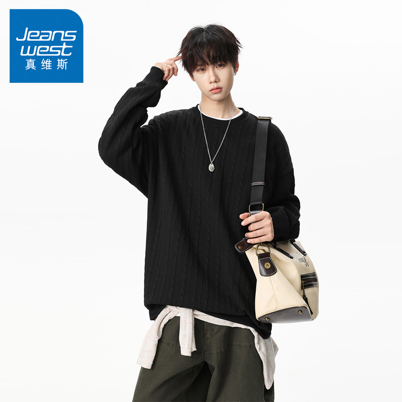 N5真维斯男士圆领卫衣2025新款秋季美式宽松立体提花男生春秋上衣