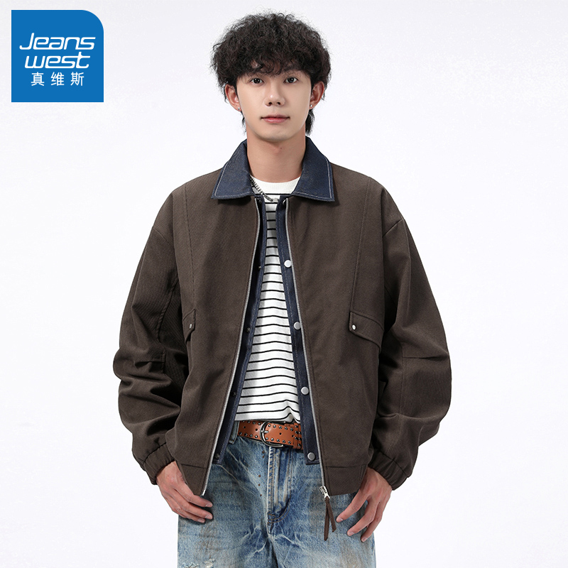 N5真维斯外套男2025新款秋季美式撞色翻领工装上衣男士春秋装夹克