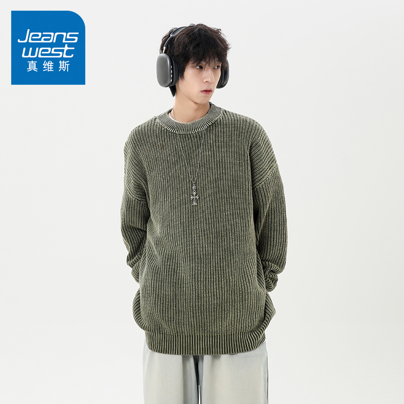 N5真维斯毛衣男2025新款秋冬季美式宽松圆领复古上衣服男款针织衫