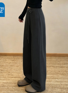 KV真维斯灰色加绒卫裤女2025新款秋冬季韩版休闲宽松弯刀阔腿裤女