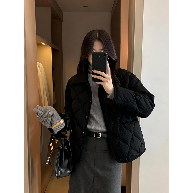 NOW真维斯轻薄棉服女款2025新款秋冬菱格衬衫领巨好看的夹棉外套