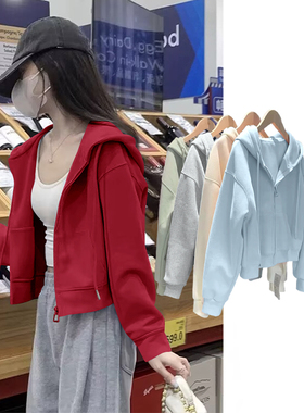 NOW真维斯红色连帽卫衣外套女2026新款春秋季小个子韩系短款上衣