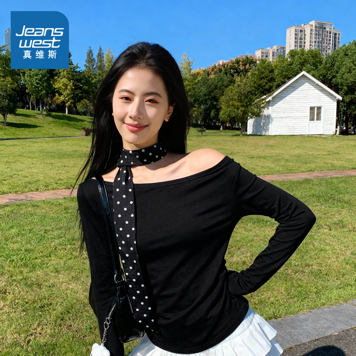 NOW真维斯黑色一字肩长袖t恤女2026新款春秋修身高级感露肩上