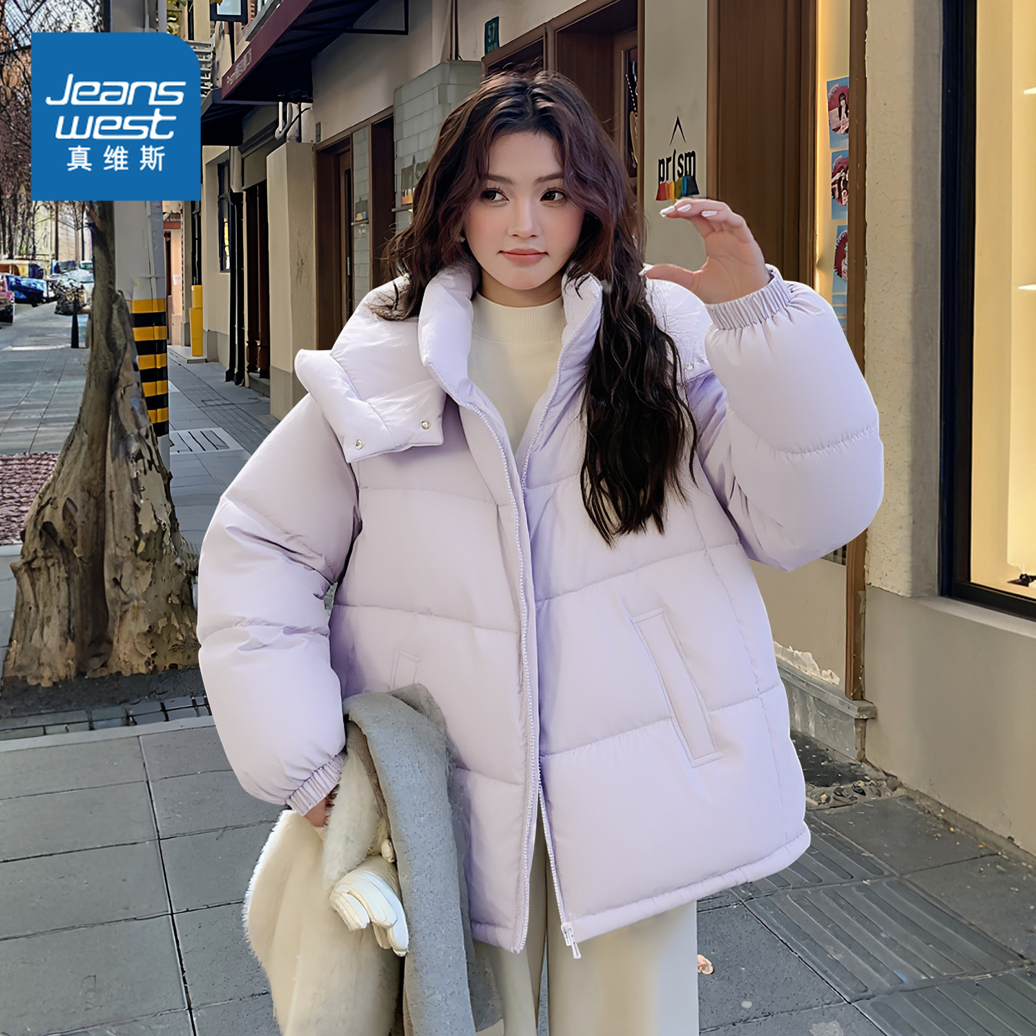 真维斯紫色连帽轻薄棉衣女