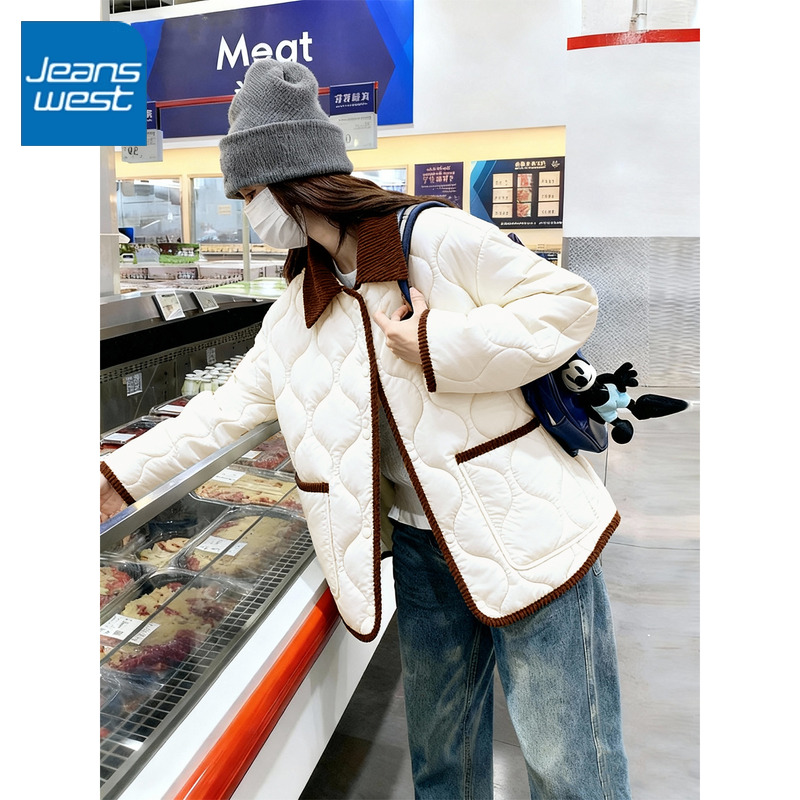 真维斯撞色翻领棉服女2025新款