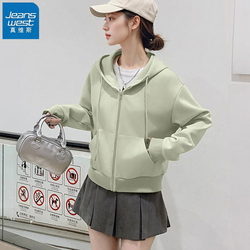 真维斯秋季短款卫衣女连帽开衫