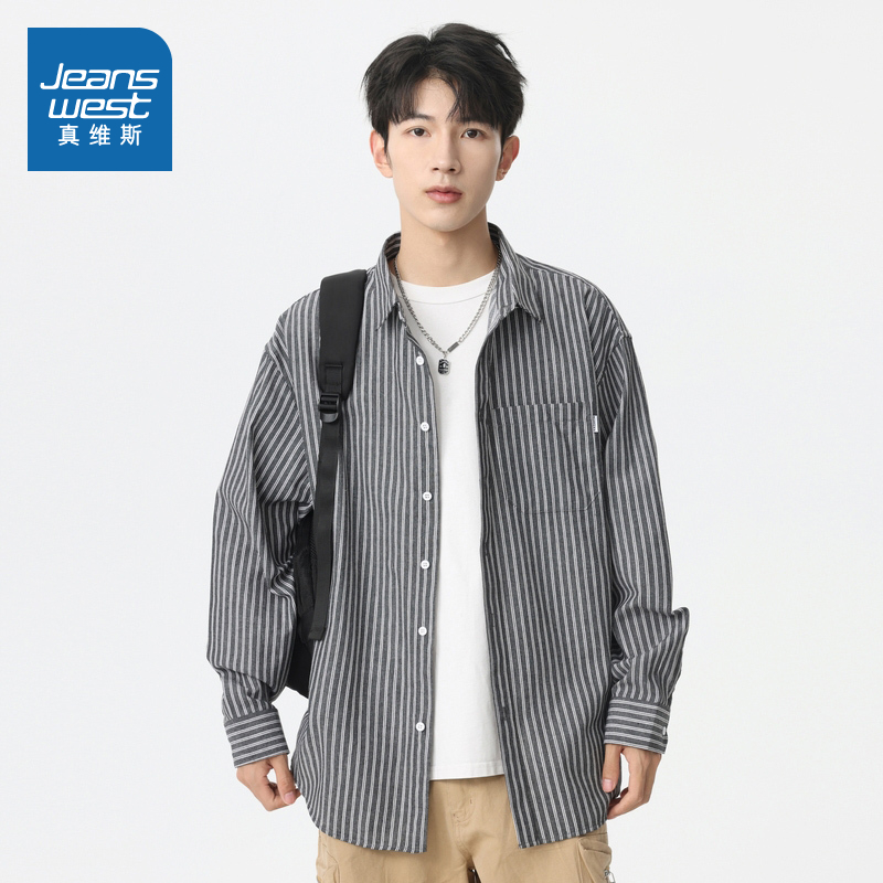 真维斯经典通勤复古条纹宽松衬衫