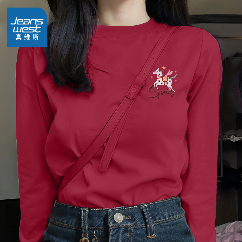 真维斯红色纯棉长袖t恤上衣