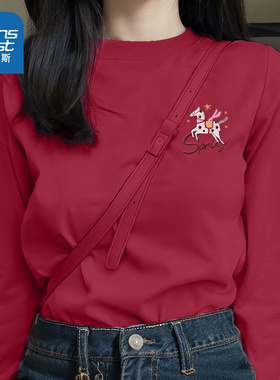 NOB真维斯红色纯棉长袖上衣女春秋季2026新款本命年打底衫宽松t恤