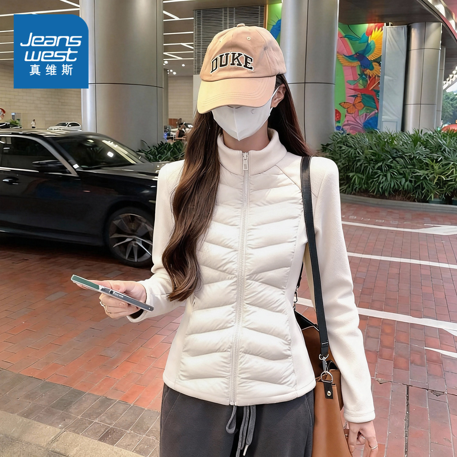 NOW真维斯白色轻薄夹棉外套女2026秋冬新款保暖上衣女冲锋衣内