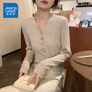 高级感上衣韩系软糯内搭打底衫 NG真维斯针织衫 女早春V领2025新款