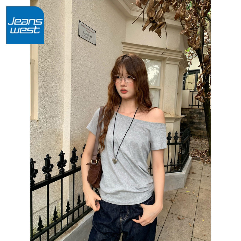 KCV真维斯灰色一字肩长袖T恤女春2026新款修身打底衫内搭露肩上衣,女装/女士精品,T恤,淘宝优惠券,粉丝福利购,淘宝优惠卷