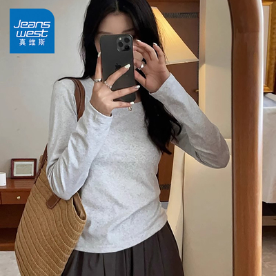 KP真维斯秋季修身收腰t袖女长袖圆领正肩纯色高弹内搭打底衫上衣