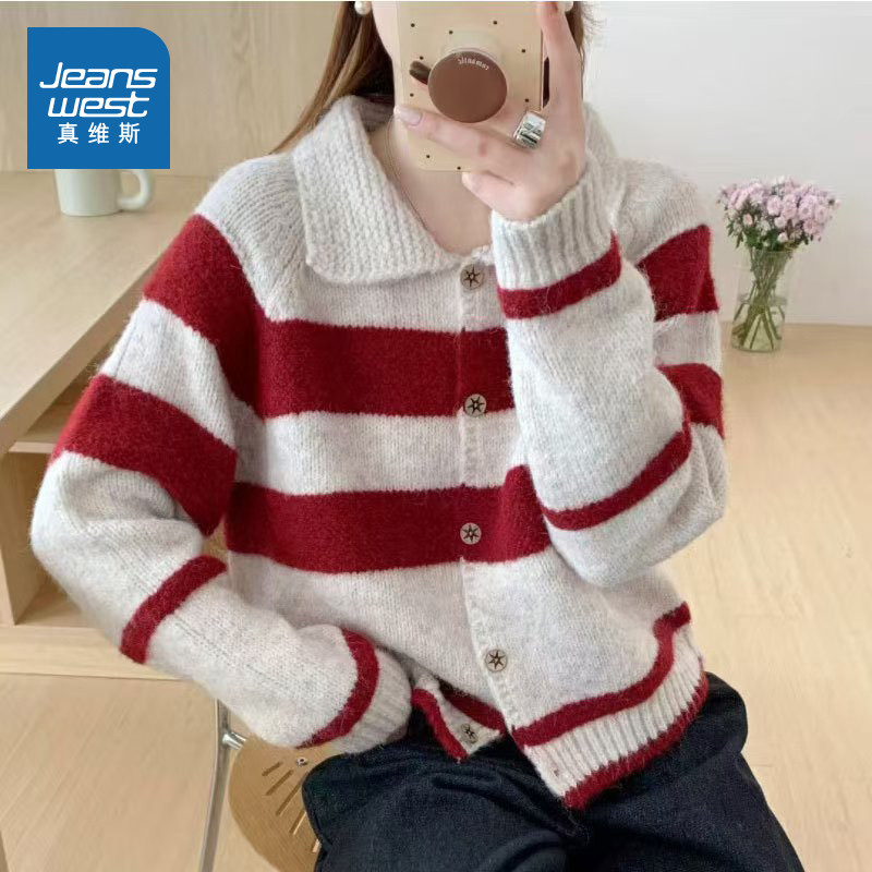 LE真维斯女装宽松翻领毛衣外套 2025冬季新品 甜美条纹女款开