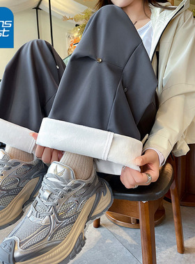 KV真维斯灰色加绒登山裤女2025新款秋冬季高腰休闲裤软壳工装裤