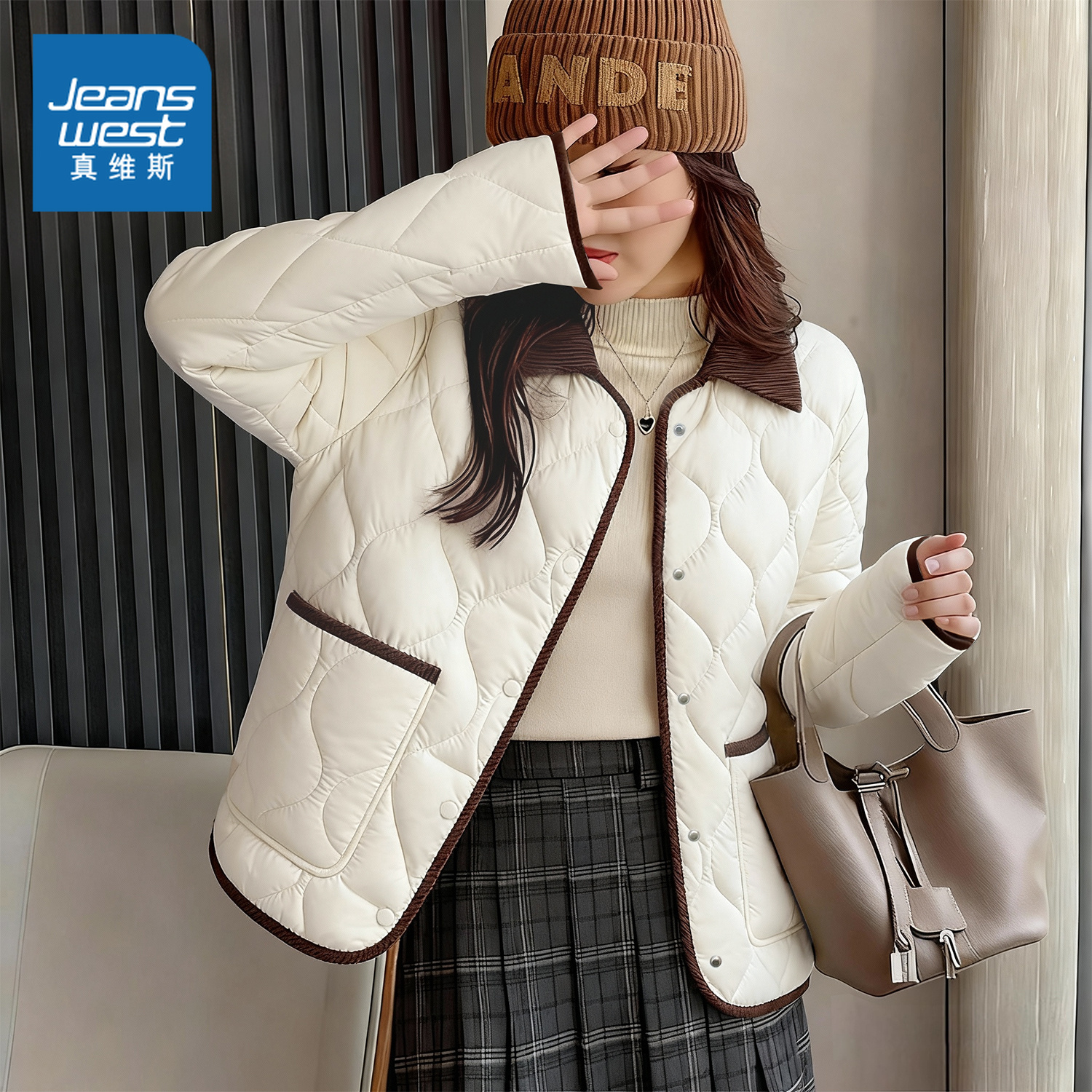 NOW真维斯小香风轻薄棉服女款2025新款冬季棉袄保暖撞色夹棉外套