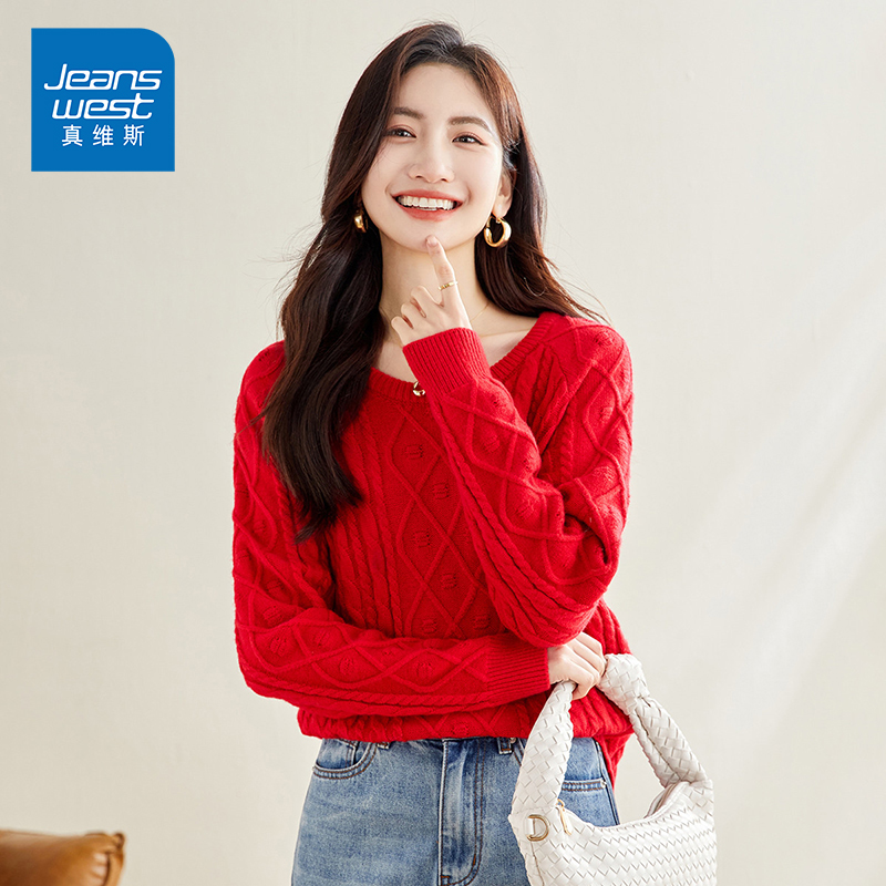 KP真维斯圆领毛衣2025秋季新款宽松套头女款显瘦红色针织衫