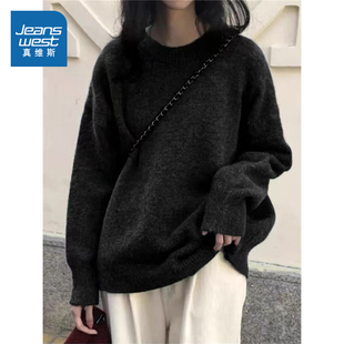 LE真维斯女装简约宽松套头毛衣 2025冬季新品慵懒风落肩女款上衣