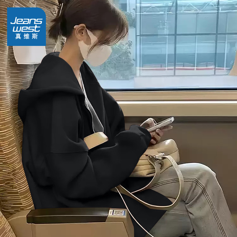 KMV真维斯奶白色卫衣外套女秋季2025新款韩系甜妹奶fufu初秋连帽